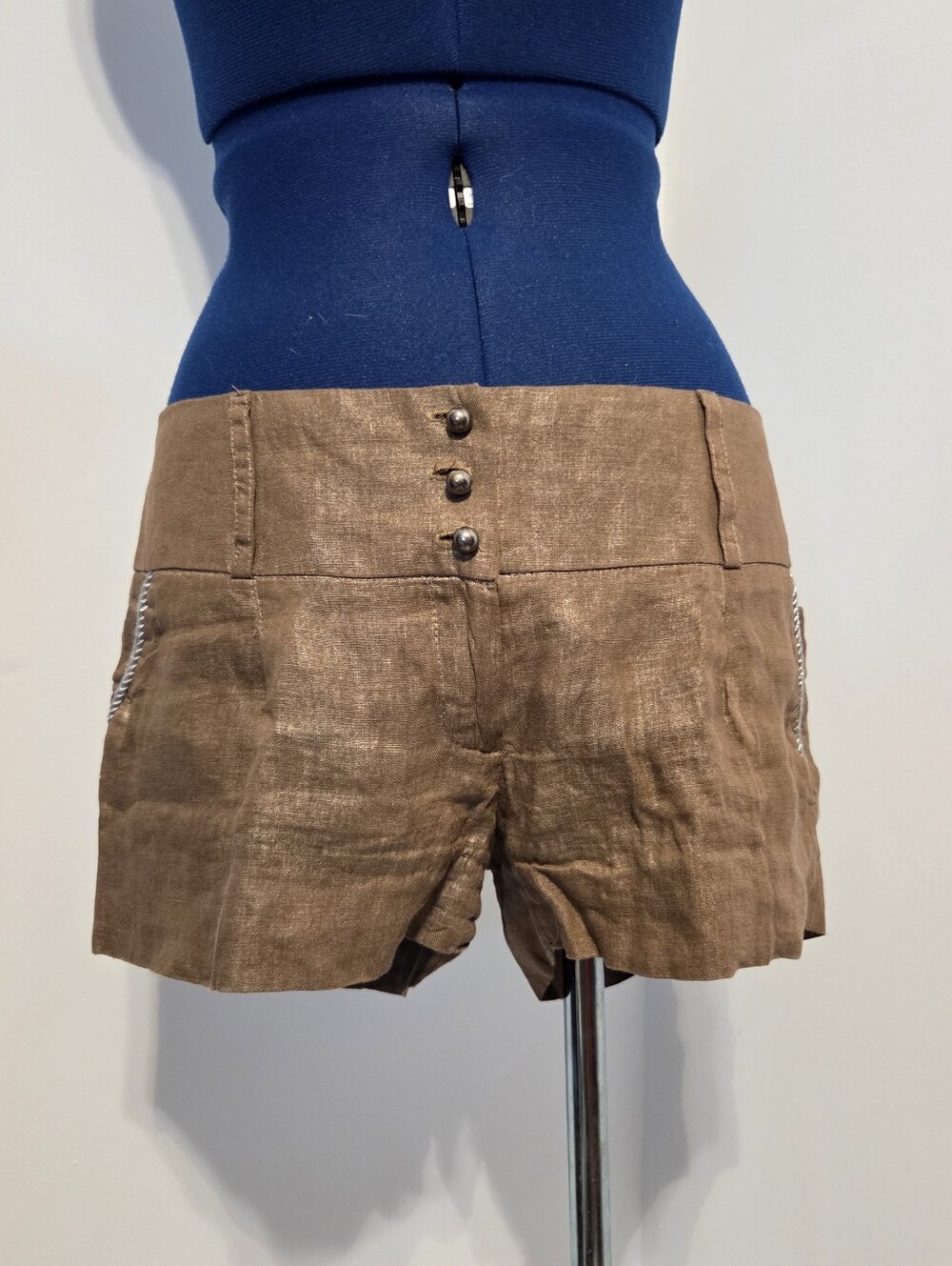 Brown Metallic French Linen Micro Mini Shorts Size L